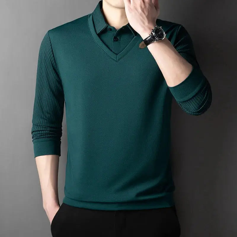 Men's teal knit long-sleeve polo top with layered look and ribbed sleeves