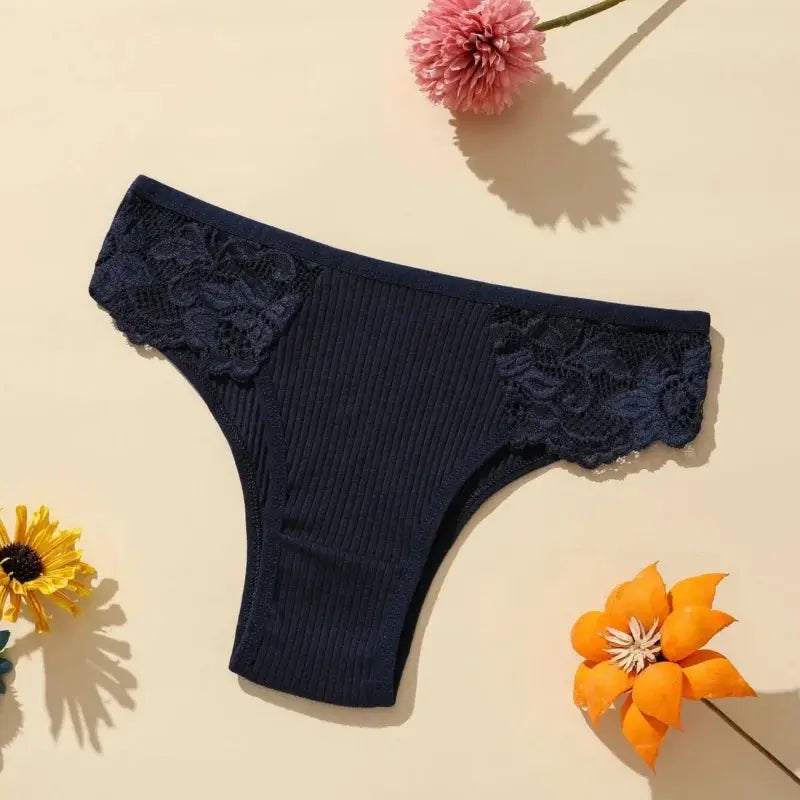 Panties 5-pack navy cotton ribbed briefs with floral lace side panels, low-rise, Simples Market