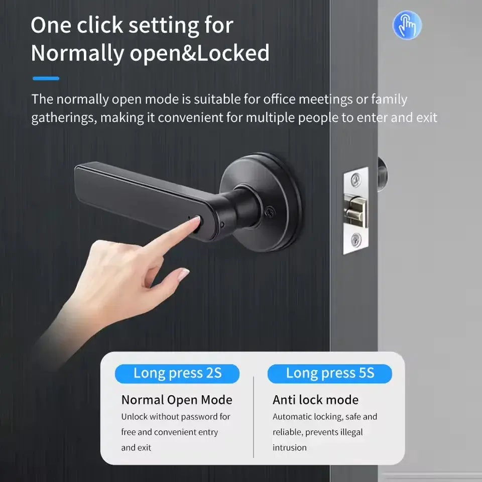 Smart fingerprint door lock handle for wooden doors, Tuya Bluetooth app compatible, IP65