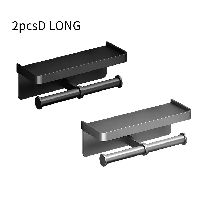 Two aluminum alloy toilet paper holders with shelf and phone stand, wall-mounted, long design, black and silver finishes