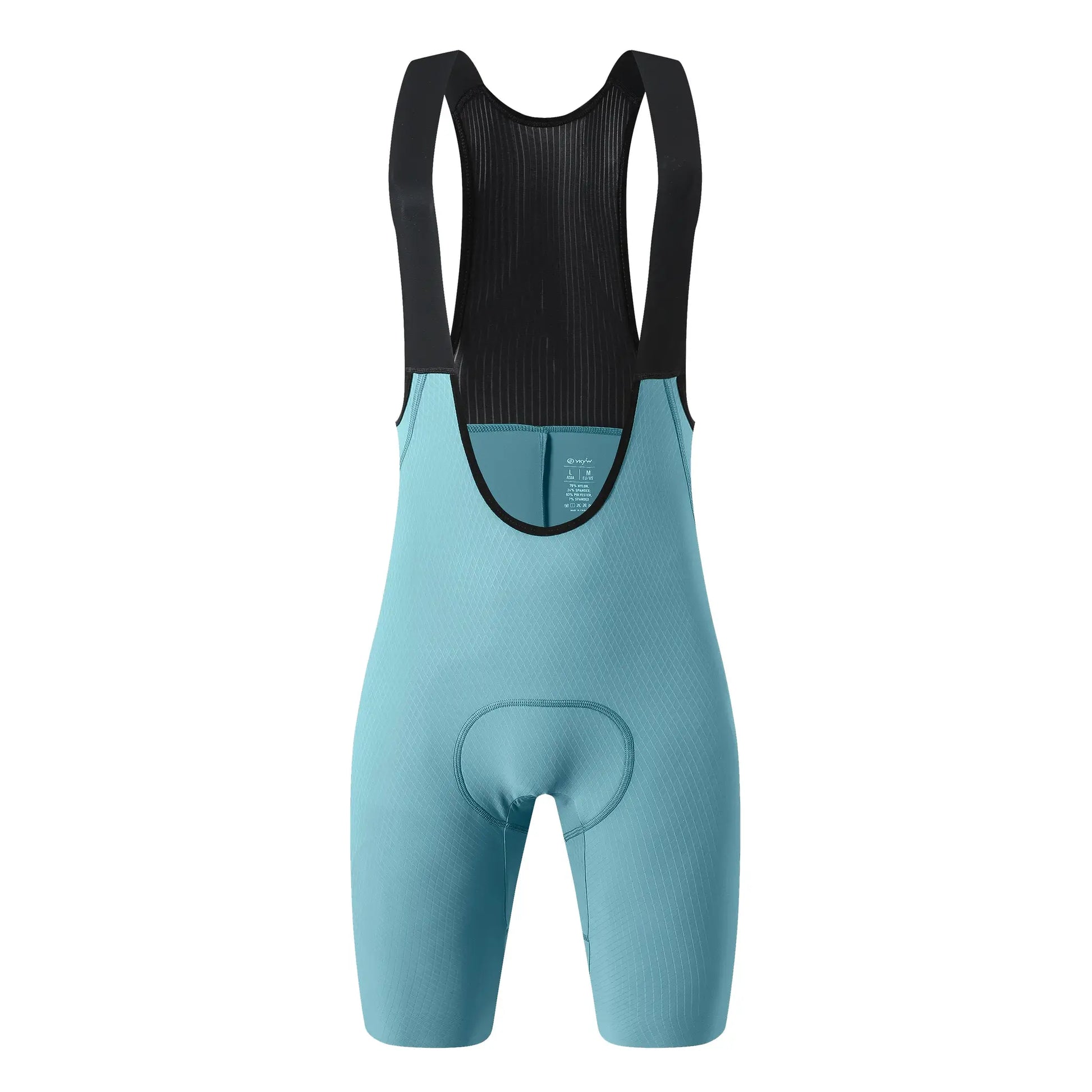 YKYWBIKE cycling bib shorts with turquoise panels and black bib straps, front view