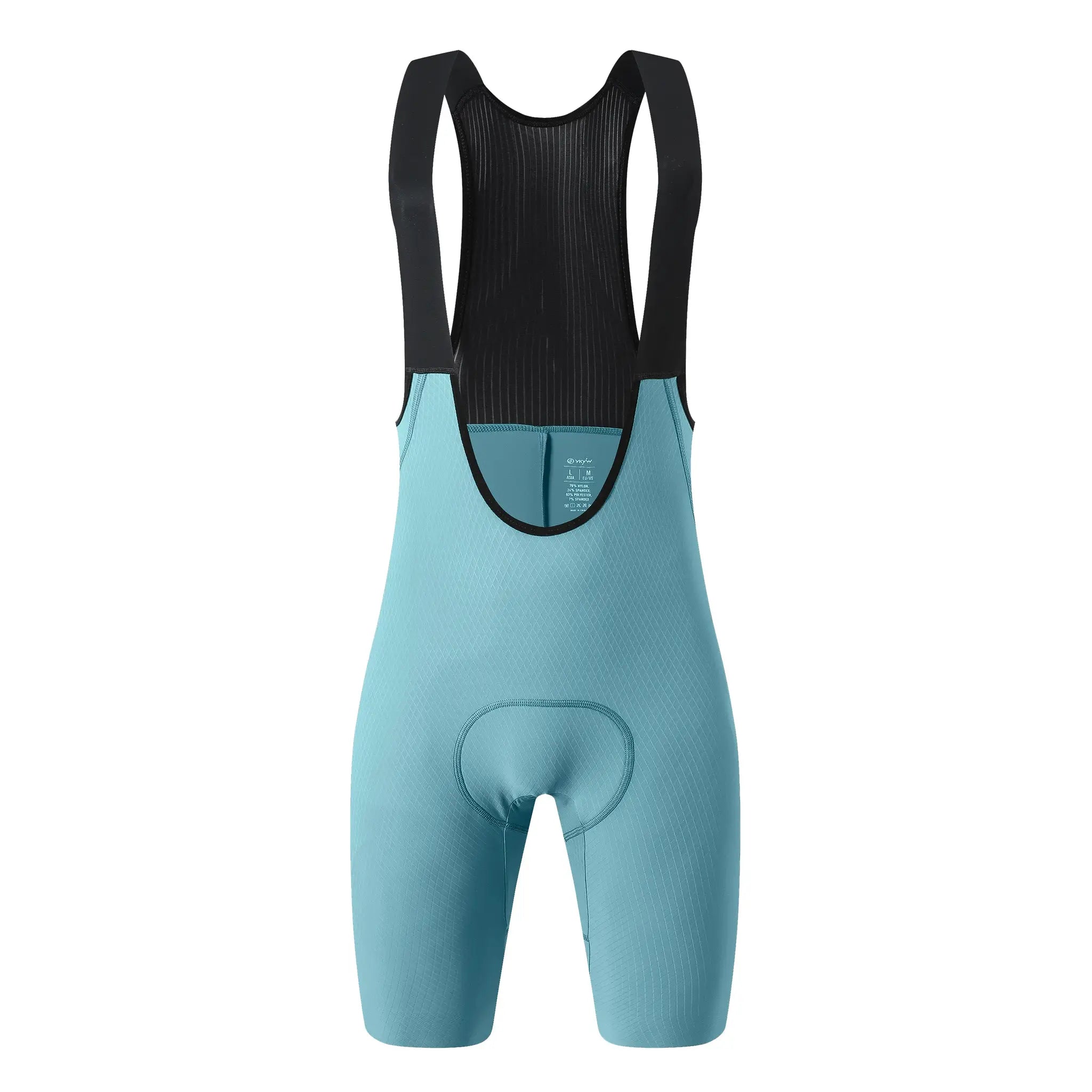 YKYWBIKE cycling bib shorts with turquoise panels and black bib straps, front view