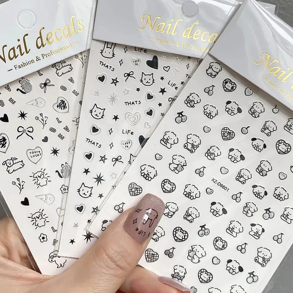 3 sheets of cartoon black cat nail decals for kids' manicure, monochrome kawaii sticker sheets with hearts and stars