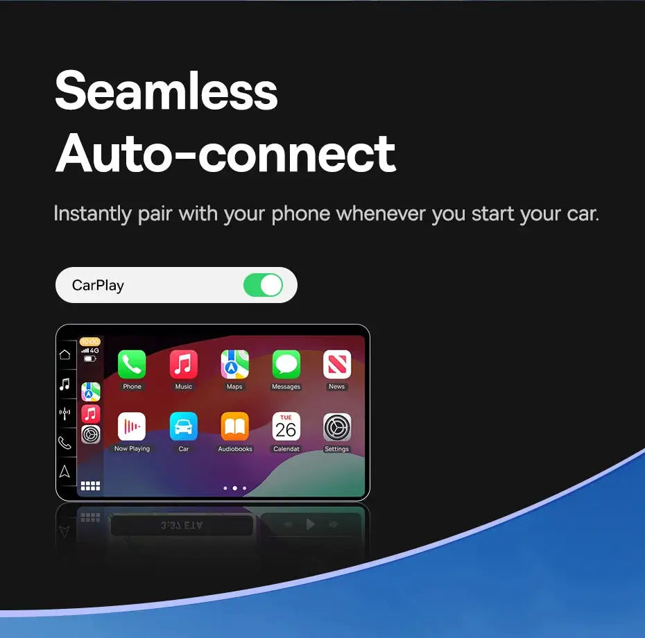 Baseus wireless CarPlay adapter banner; seamless auto-connect with CarPlay UI on a smartphone screen