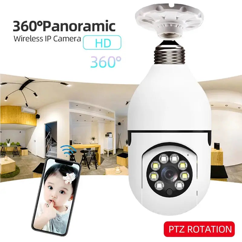 Simples Market 1080P E27 bulb surveillance camera, white, 360° panoramic PTZ, wireless WiFi with night vision, smartphone