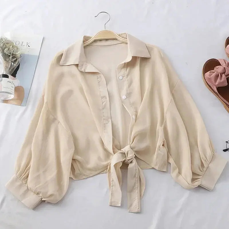 Chiffon blouse for women in beige with button-front and tied waist, bat-wing sleeves