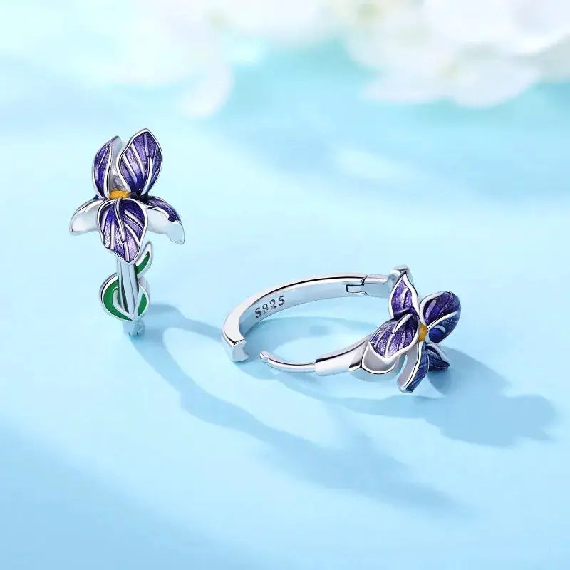 925 Sterling Silver Purple Iris Hoop Earrings With Zircon Flower And Plant Series For Women Gift