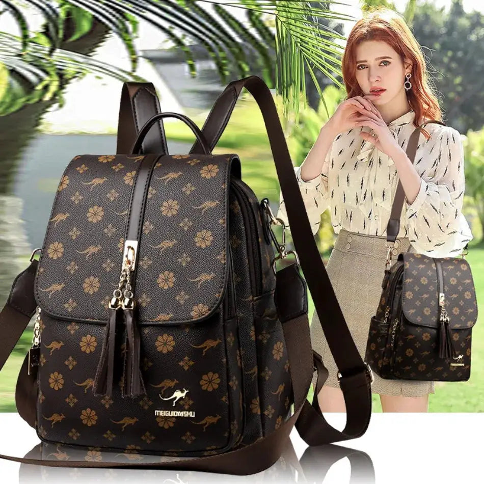Simples Market ladies backpack; dark brown printed faux leather with tassels, large capacity, two bags pictured.