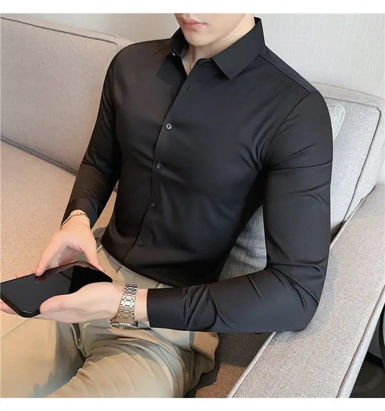 Simples Market black long-sleeve shirt for men, plus-size 4XL-M, high-elasticity seamless, slim fit
