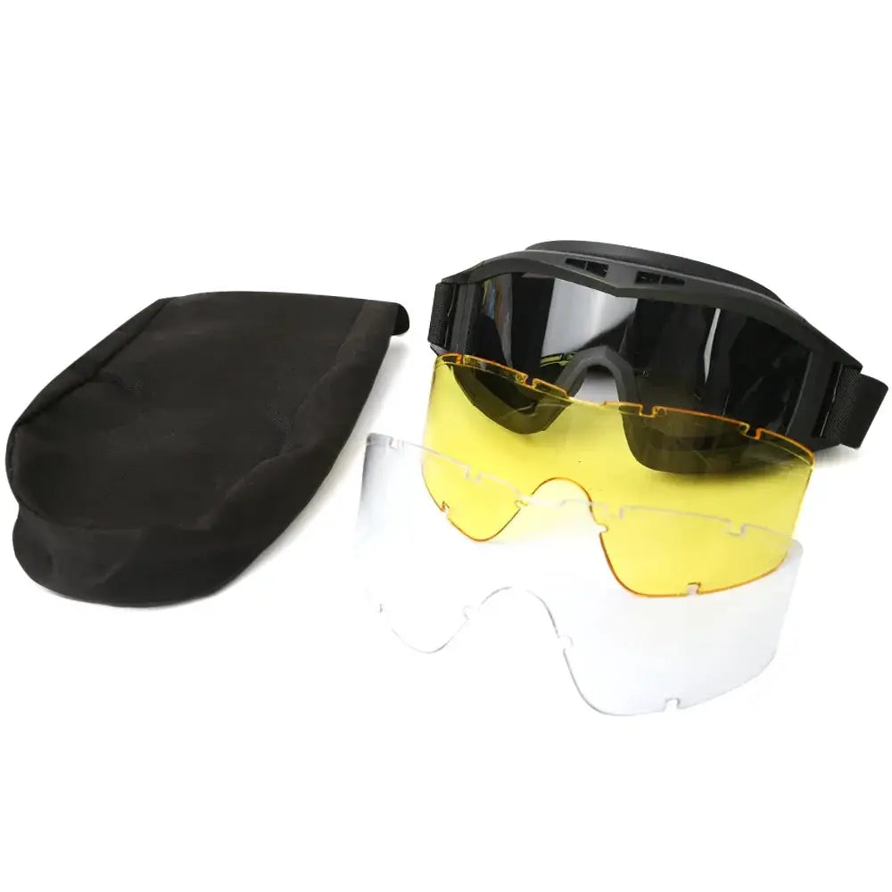Airsoft Tactical Goggles by Simples Market with 3 interchangeable lenses (yellow, smoke, clear) and black storage pouch