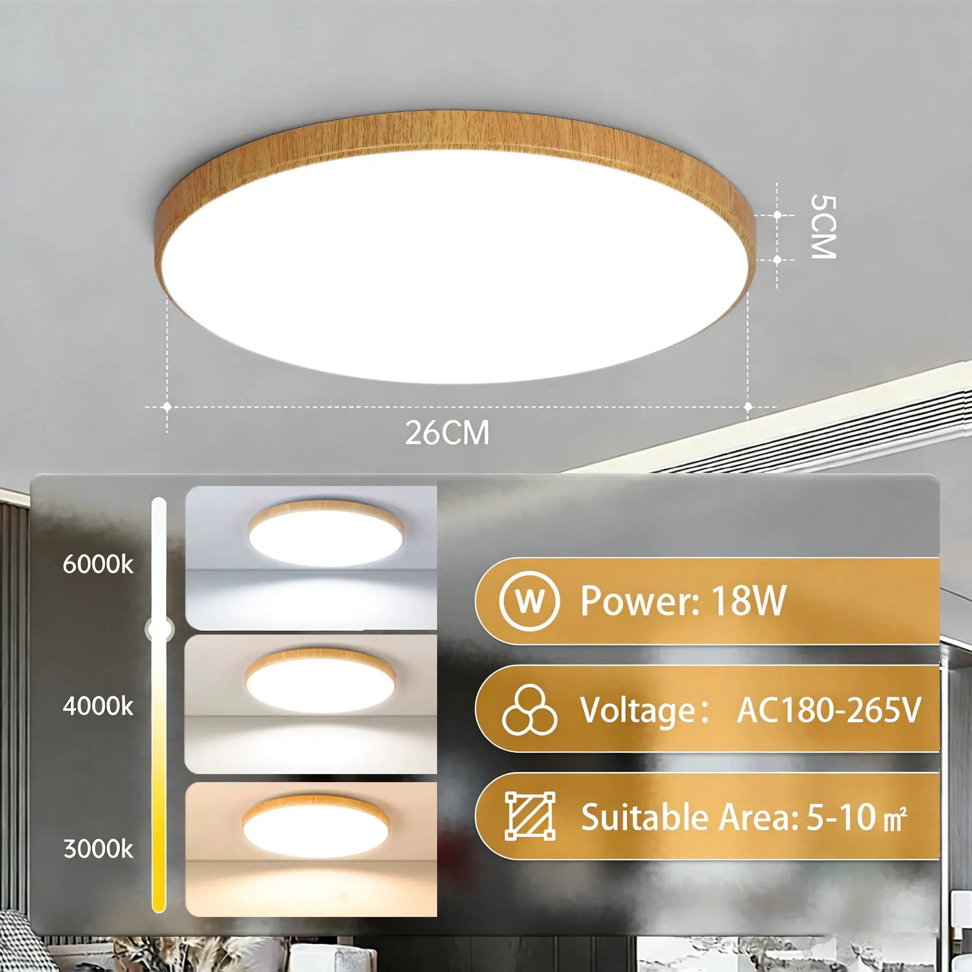 Golden LED ceiling lamp with wood finish, dustproof panel, 26cm diameter, 18W, 220V by Simples Market.