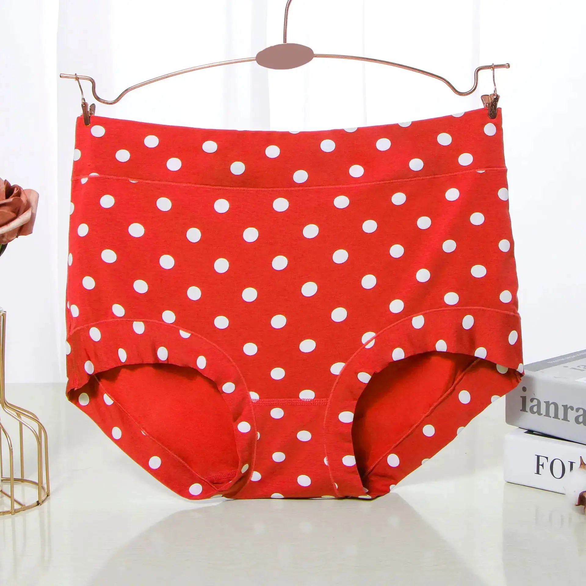 Panties red polka-dot high-waist briefs on a hanger, large size