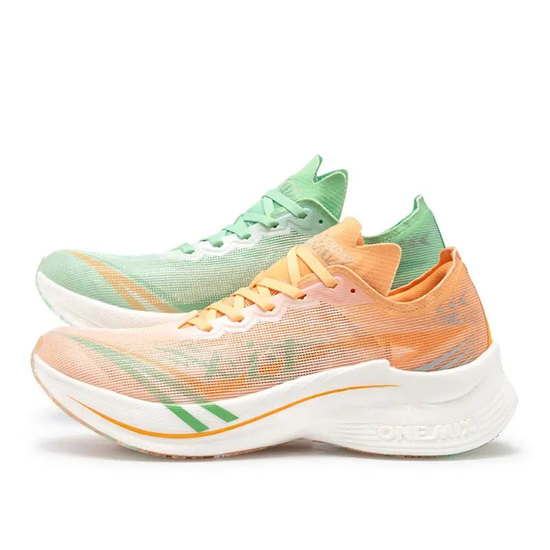 ONEMIX marathon carbon-plate running shoes pair in mint green and peach with a white midsole