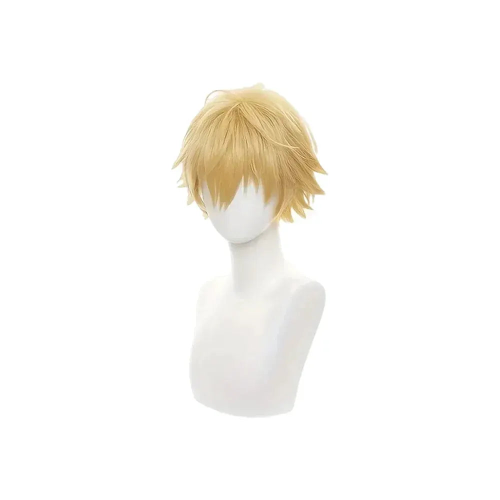 Chainsaw Man Denji cosplay wig, golden heat-resistant synthetic, short layered cut on display