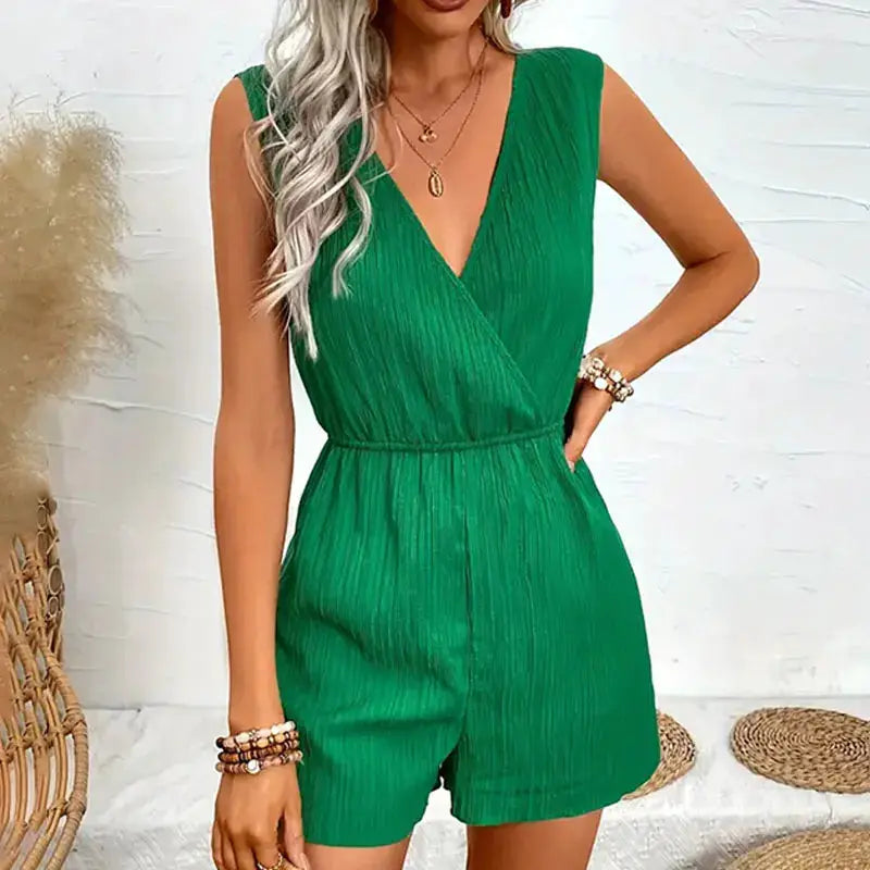 Green sleeveless V-neck wrap jumpsuit romper for women by Simples Market