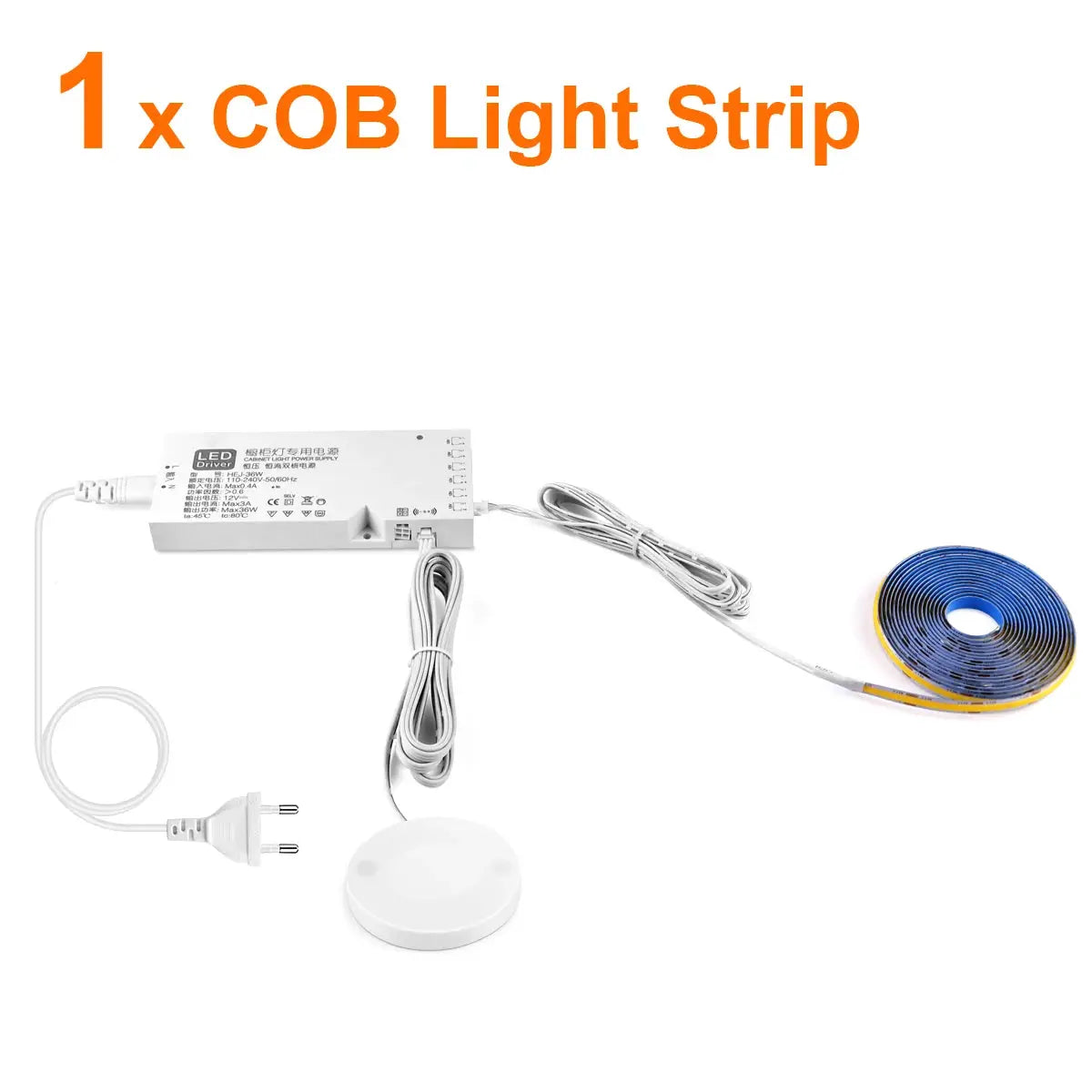 Under-cabinet COB LED strip kit by Simples Market with touch sensor night light, white driver and blue COB strip reel