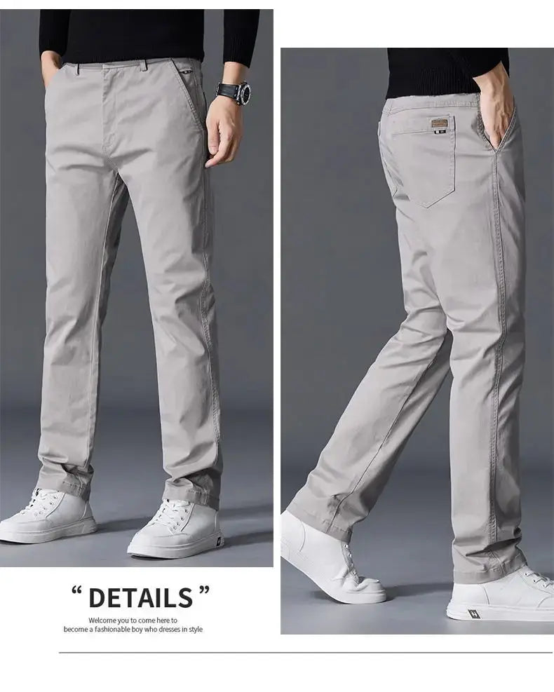Men's light gray cotton pants by Simples Market, straight-leg casual business trousers.