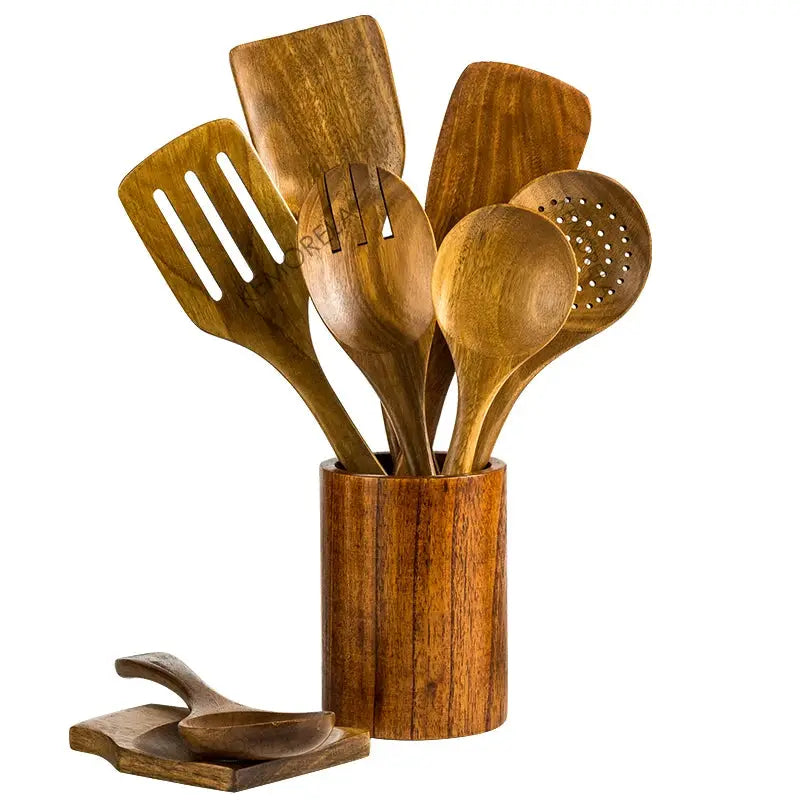 9 Piece Teak Wood Kitchen Utensils Set With Holder Eco Friendly Wooden Spoons And Tools For Cooking