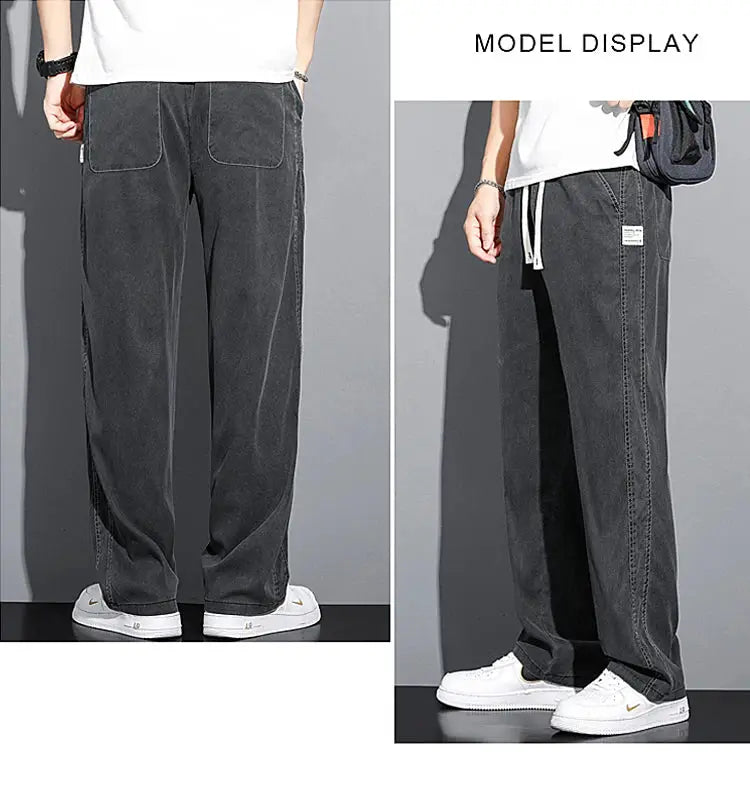 Men's lyocell jeans in dark gray, loose straight fit with drawstring waist; Simples Market plus size M-5XL.