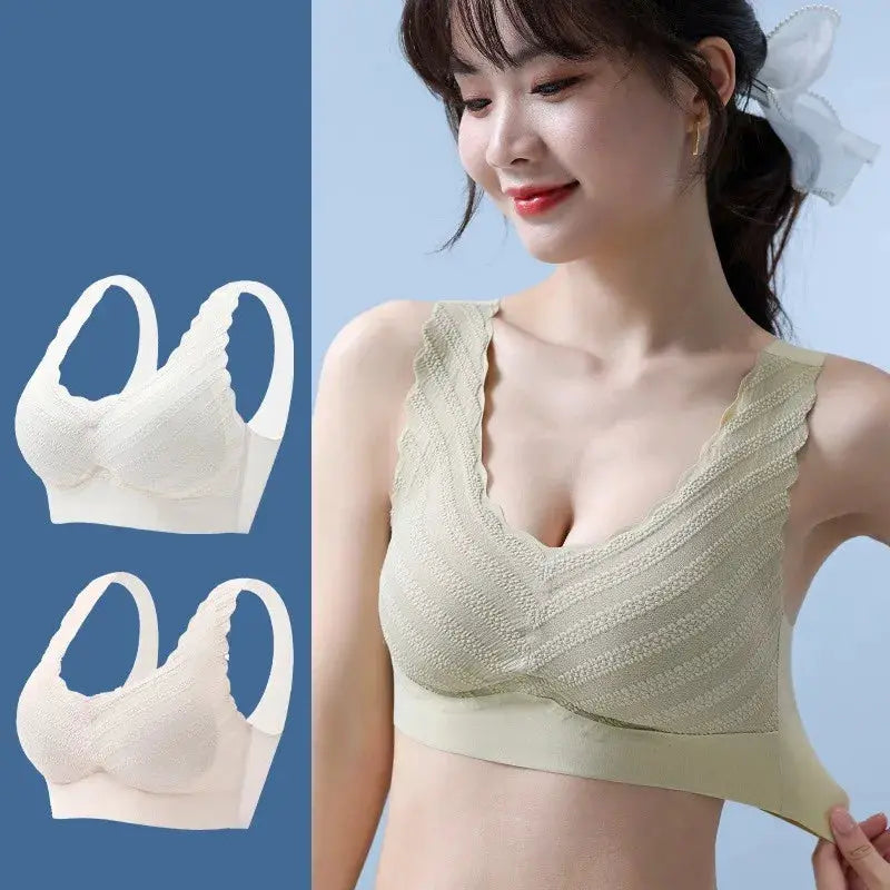 Beige seamless wireless sports bra with textured knit fabric; two additional bras shown beside the model.