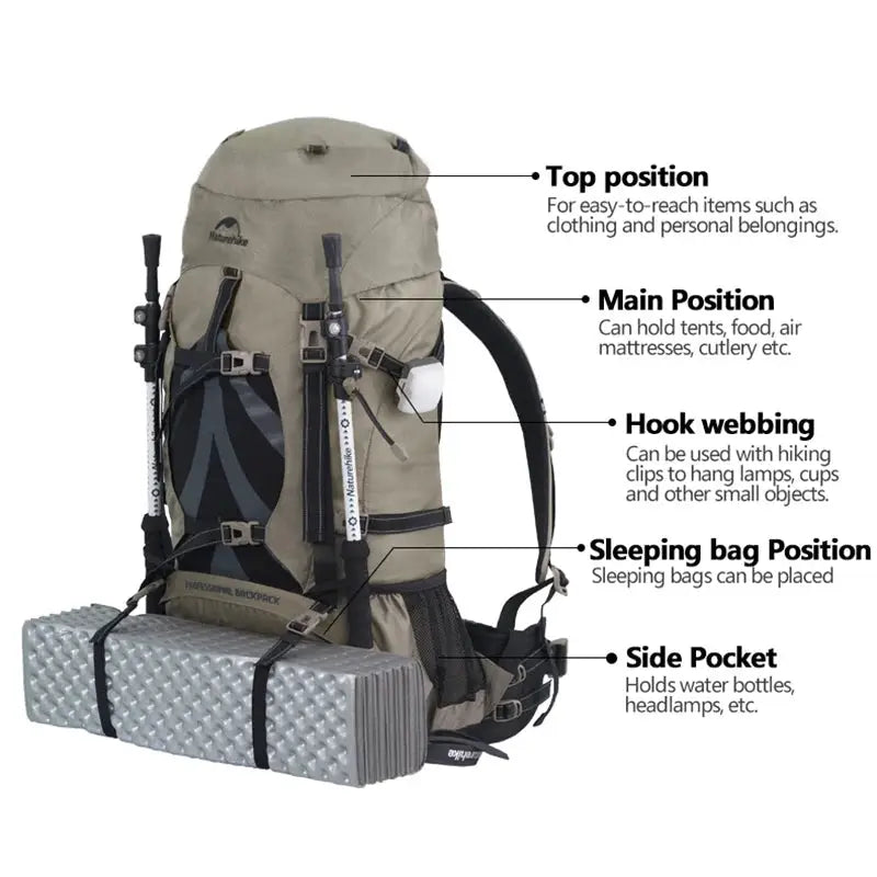 Naturehike 70L Camping Backpack Ergonomic Large Capacity Hiking Backpack With Rain Cover For Men Outdoor Travel Trekking