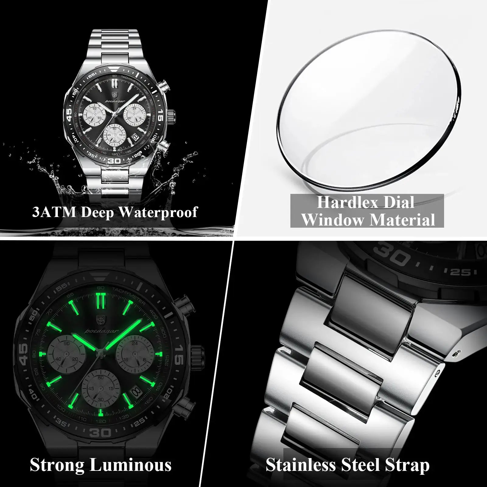 POEDAGAR stainless steel strap men's quartz watch with black dial, chronograph subdials, luminous hands