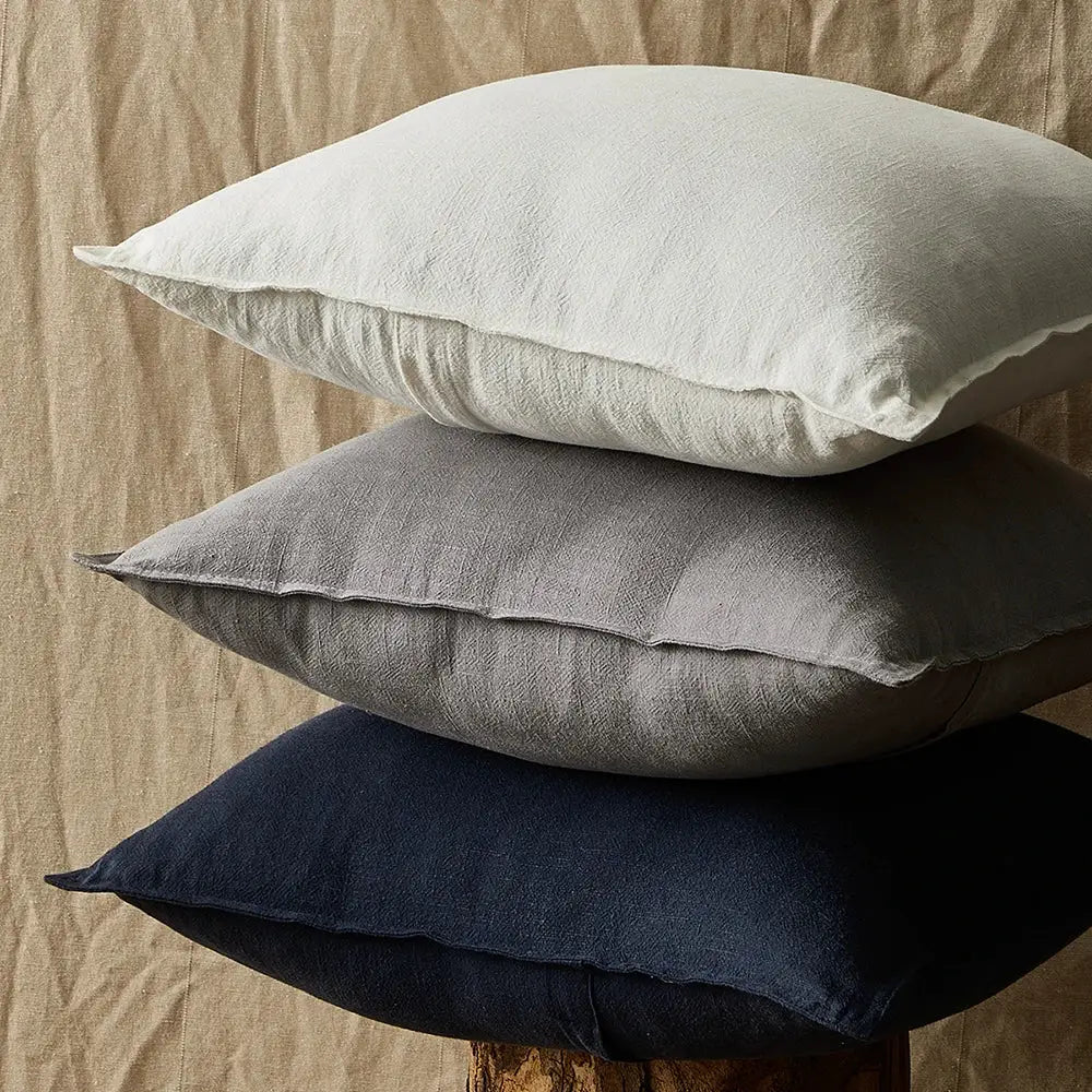 Decorative ramie cushion covers; set of three in white, gray, and navy blue.