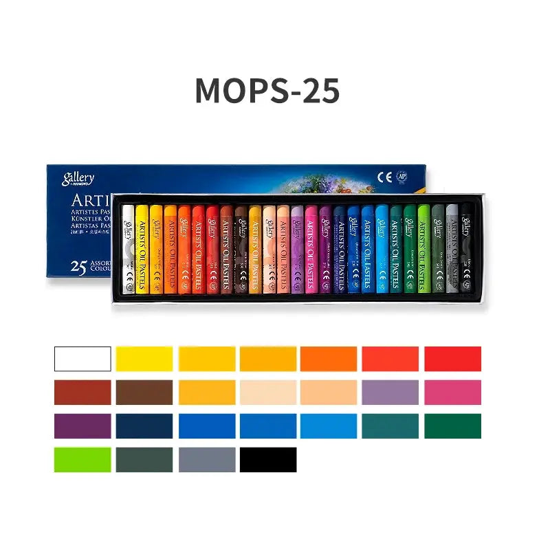 MUNGYO Artist Soft Oil Pastel Set, 25-color oil pastels in a blue box with color swatches