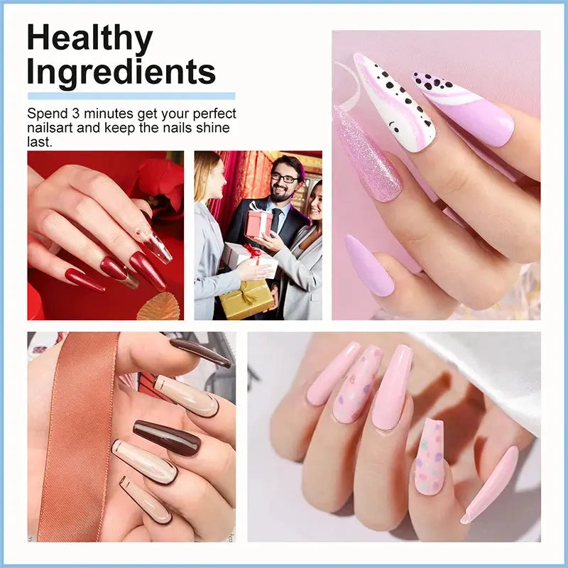 Gel nail polish kit with LED lamp, 27 colors, base and top coats for soak-off manicure.