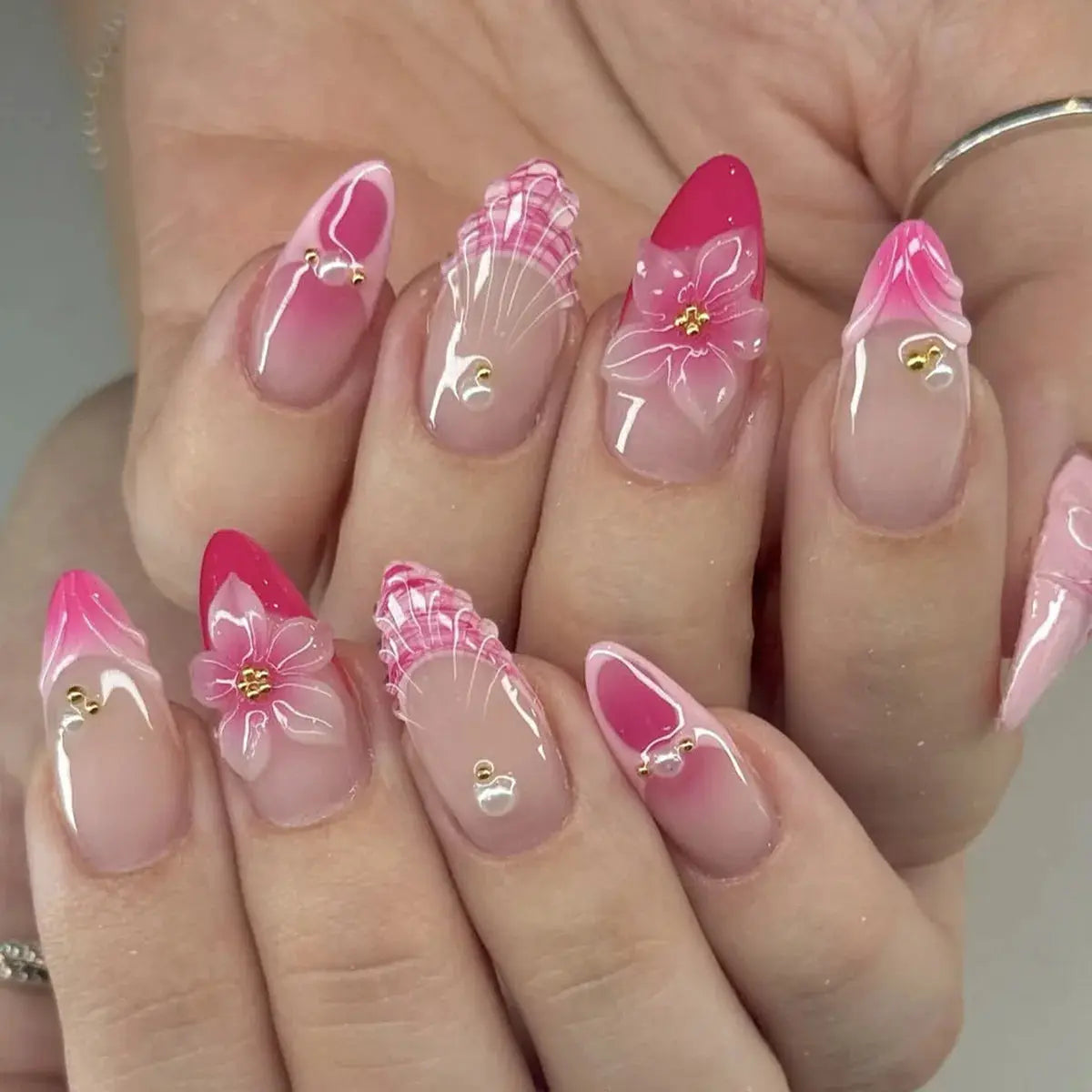 GlamNail Pink Almond Press On Nails Full Coverage Carved Flower 3D Ripple French Tips Golden Pearl Finish