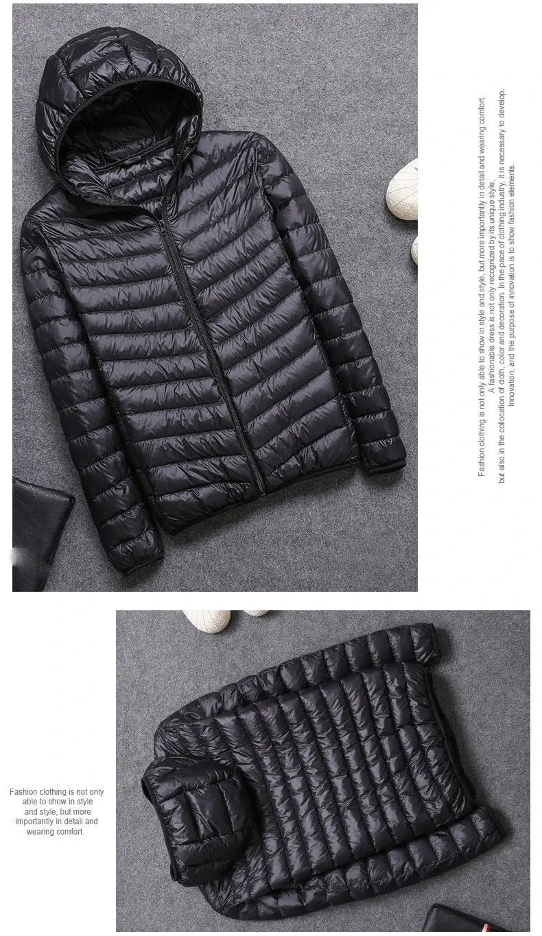 Men's black ultralight duck-down hooded jacket, quilted puffer design