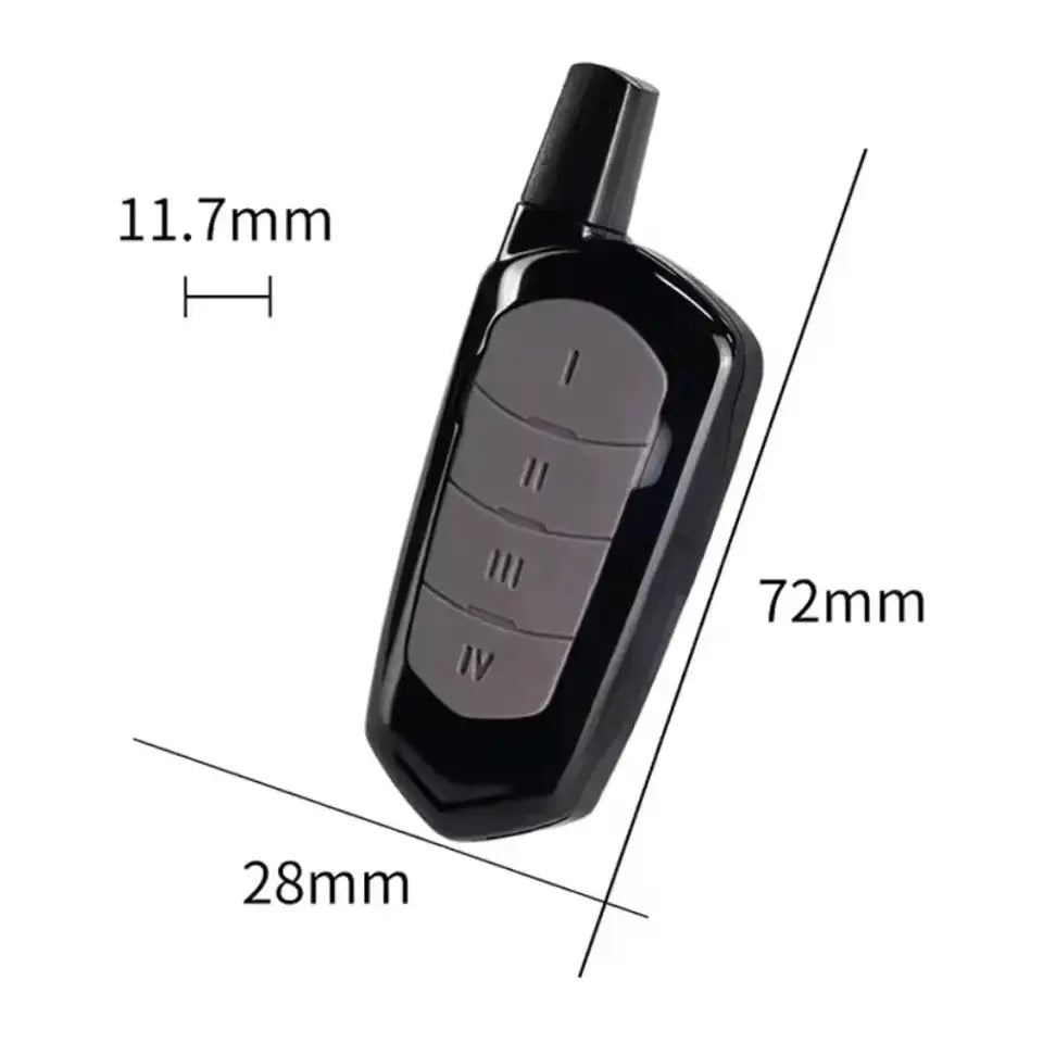 Garage remote control duplicator, black handheld with four gray buttons, 433MHz rolling-code clone.