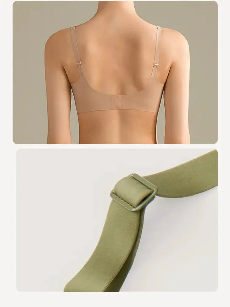 SUJIIN seamless wireless bra for women in nude back view and olive green strap close-up.