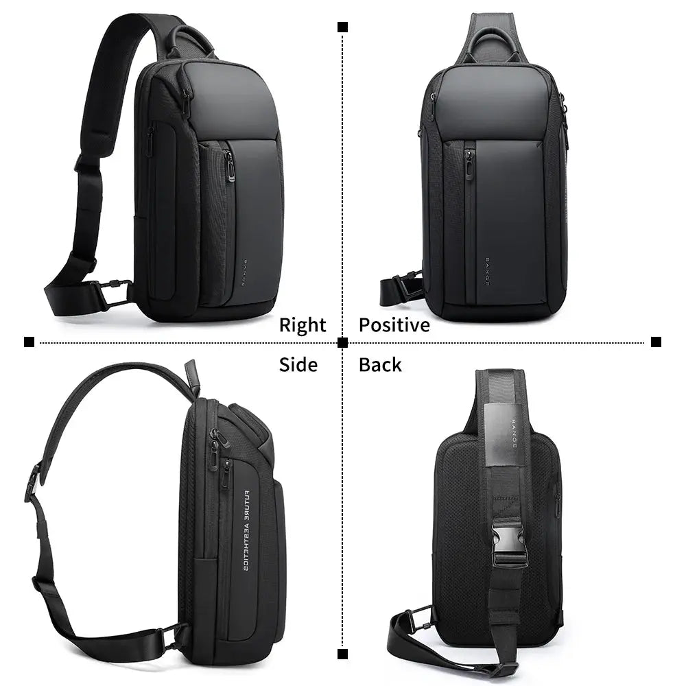 BANGE Oxford waterproof chest bag crossbody, black, multiple zipped pockets, adjustable strap, large capacity