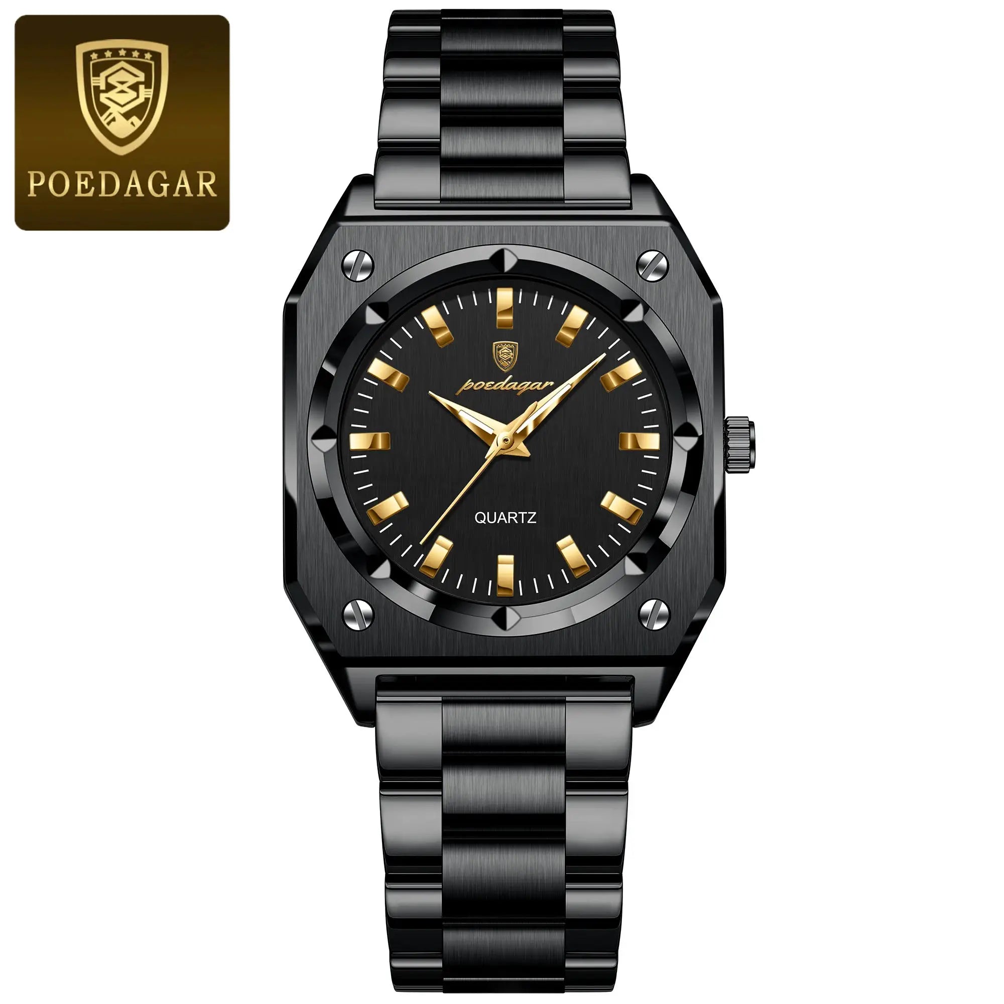 POEDAGAR women's wristwatch in black stainless steel with gold-tone markers and hands, quartz movement