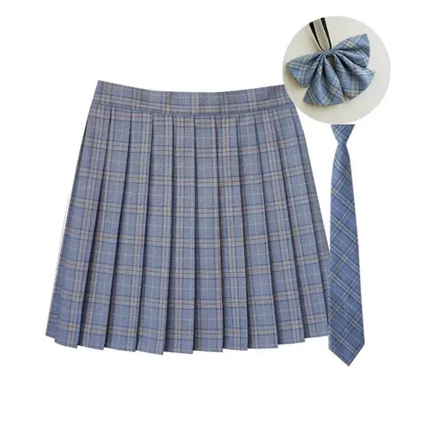 Blue plaid pleated A-line mini skirt with matching necktie bow, school uniform style