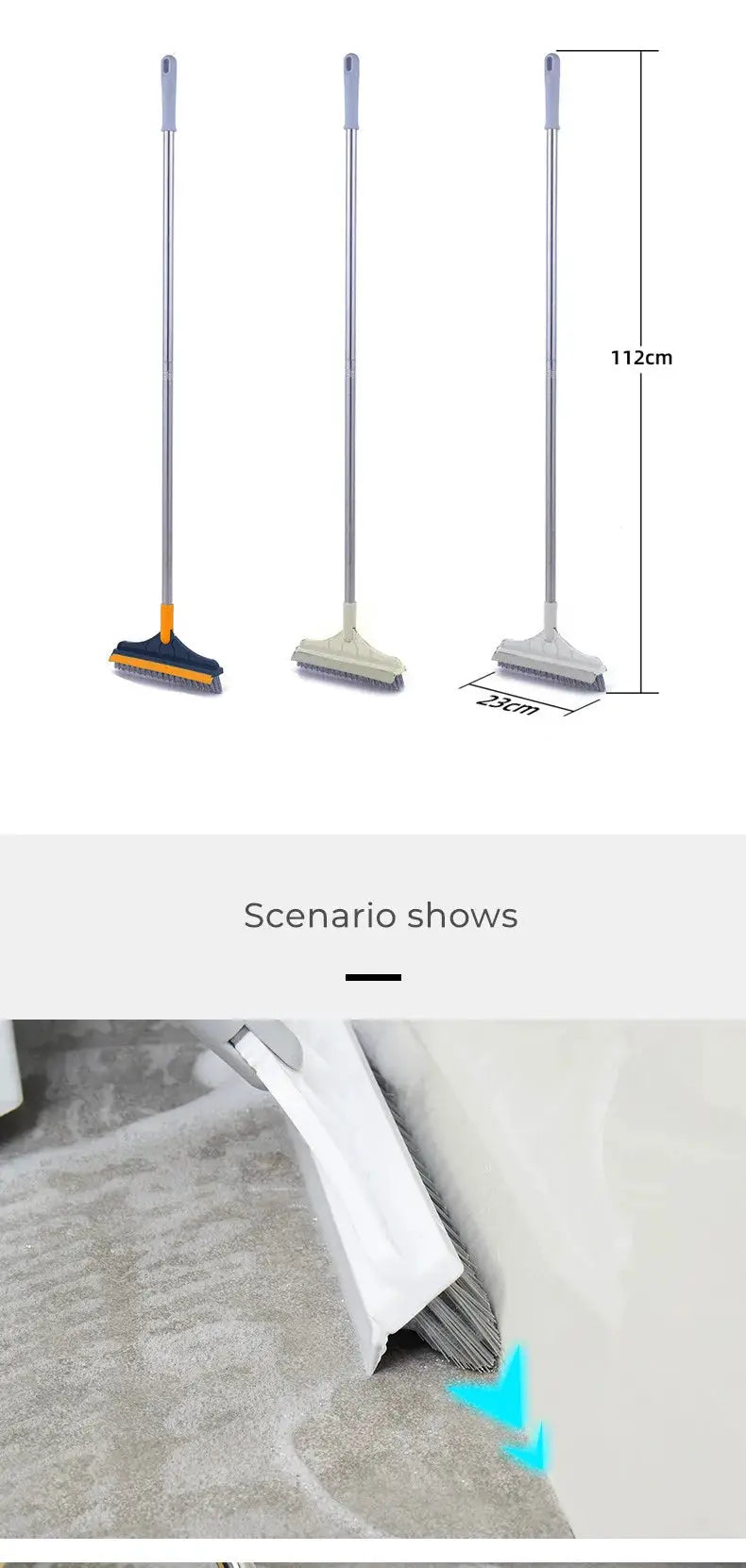 Bathroom floor brush by Simples Market with a long aluminum handle and colorful heads; set of 3.