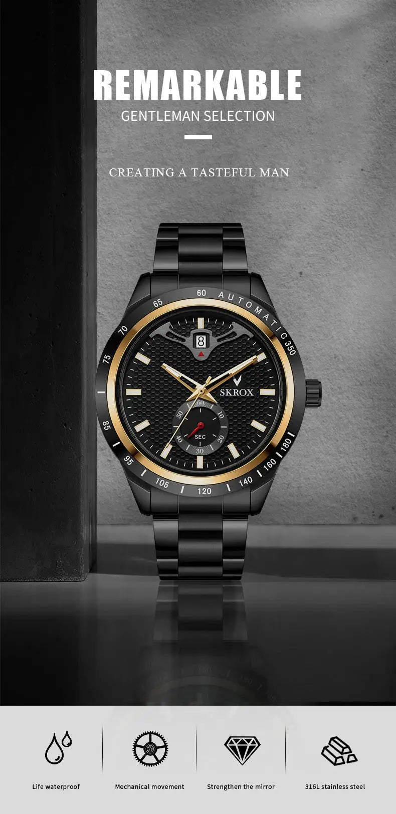 SKROX black stainless-steel men's watch with gold-tone bezel, textured dial, date window, automatic movement