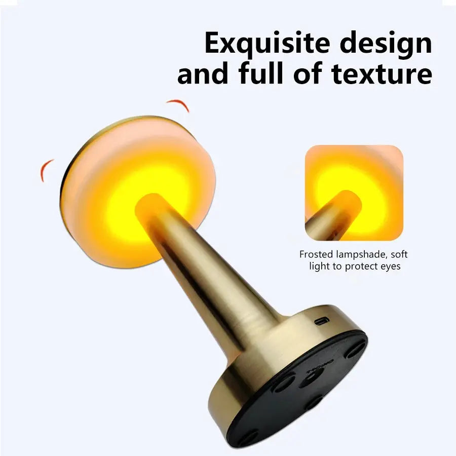 Simples Market LED table light in brass finish; rechargeable metal touch desktop lamp for bars and coffee tables