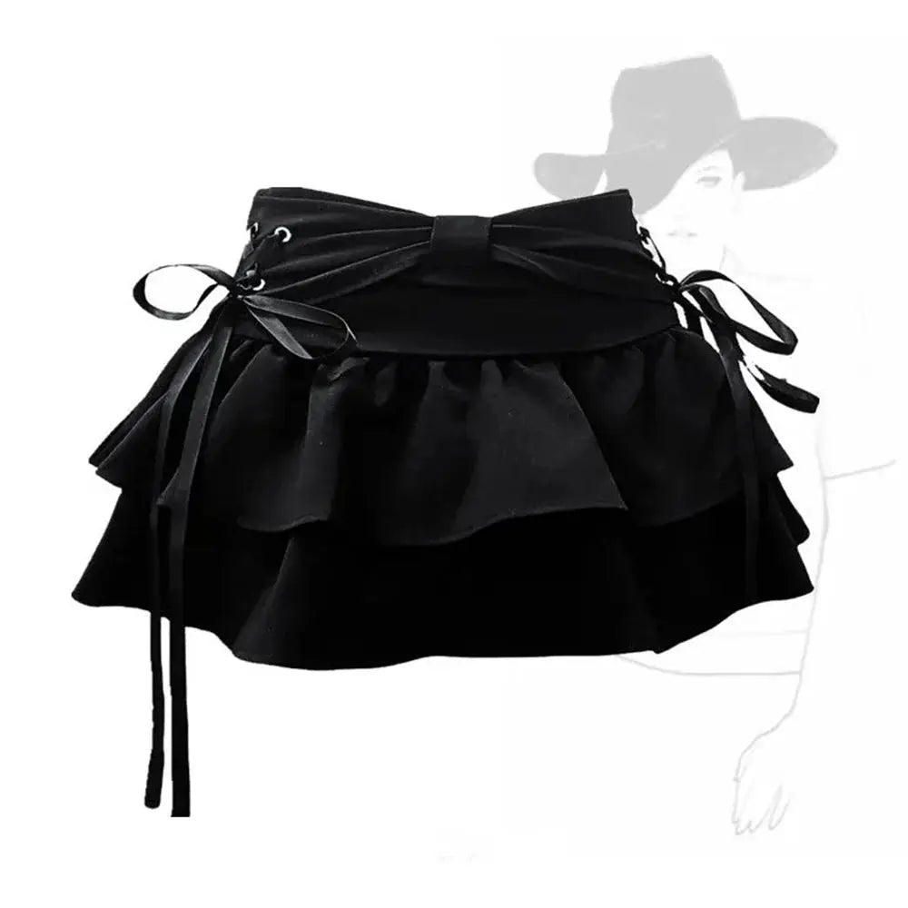 Bow-embellished black mini skirt with layered ruffles and side ribbon ties