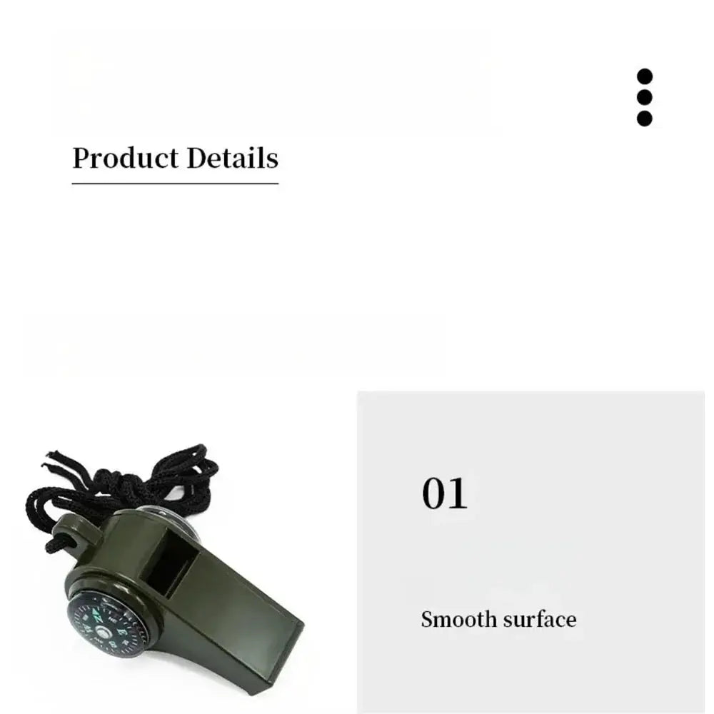 3-in-1 outdoor emergency whistle with compass, green plastic and black lanyard
