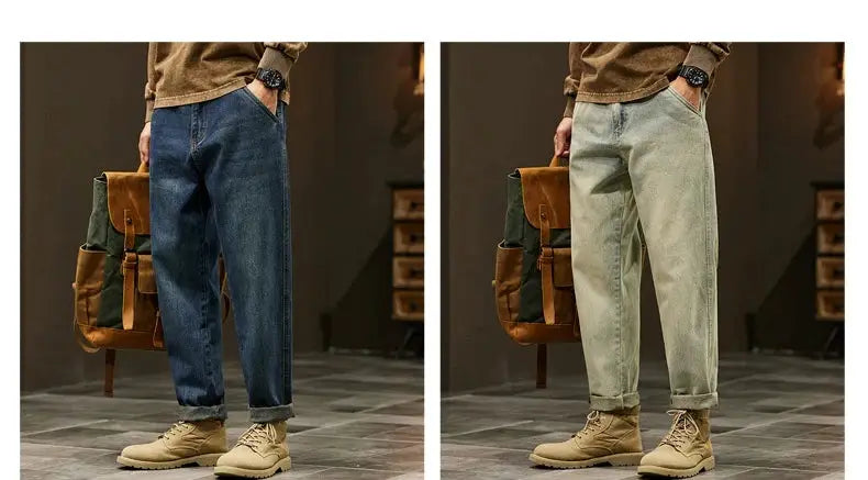 Men's loose denim harem pants by Simples Market, 95% cotton, baggy casual workwear in dark blue and light gray, 2 pairs