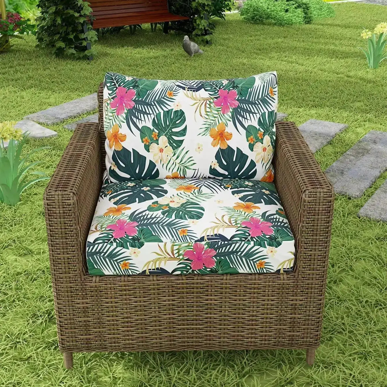 Simples Market outdoor tropical print sofa cushion covers (2) on a wicker chair; green leaves with pink and orange flowers.