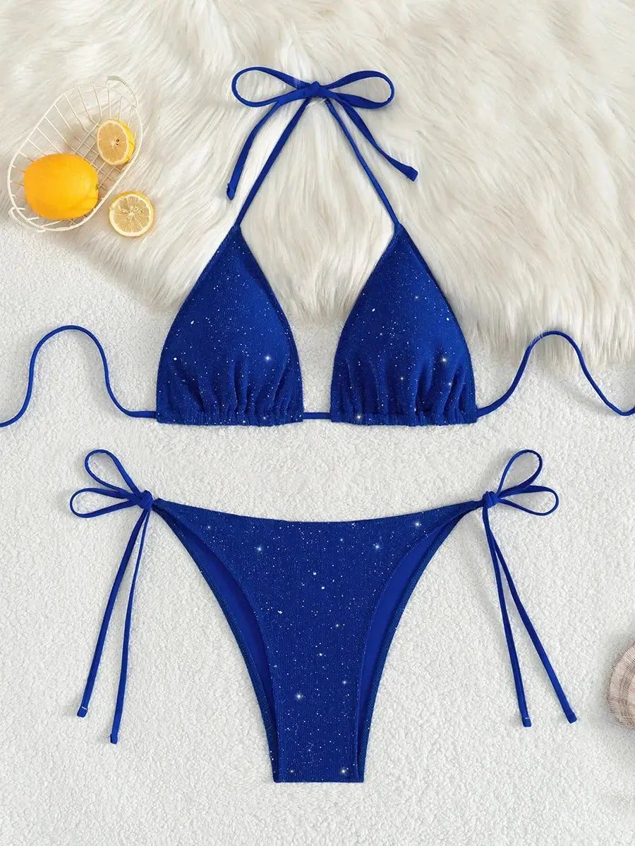 Shiny Halter Strappy Bikini Set High Cut Two Pieces Women Swimwear 2025 Bathing Suit