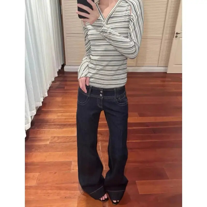Women Denim Jeans Low Waist Straight Wide Leg Button Blue Y2K Style