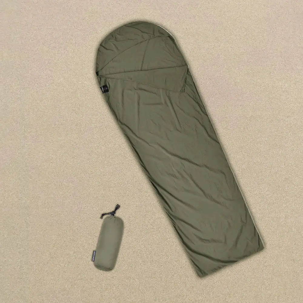 Simples Market ultralight mummy sleeping bag liner in olive green with matching carry bag
