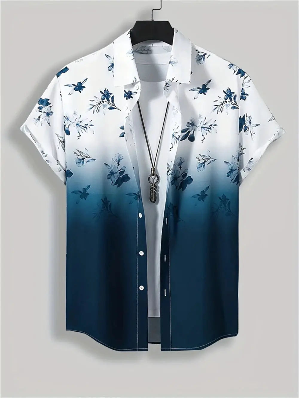 Men's short-sleeve button-down shirt with white-to-teal gradient and blue floral print for beach style
