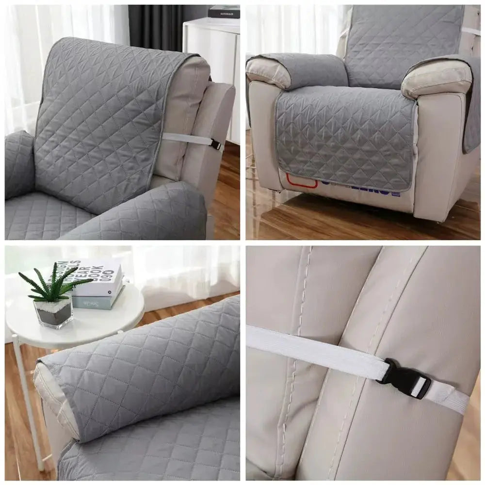 Recliner sofa cover in solid gray quilted fabric with anti-slip straps, by Simples Market