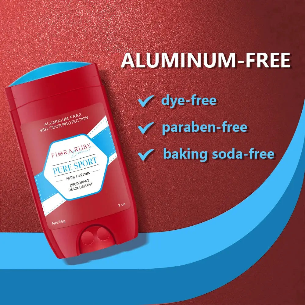 Aluminum-free men's deodorant stick in a red container with Flora Ruby label, 85g