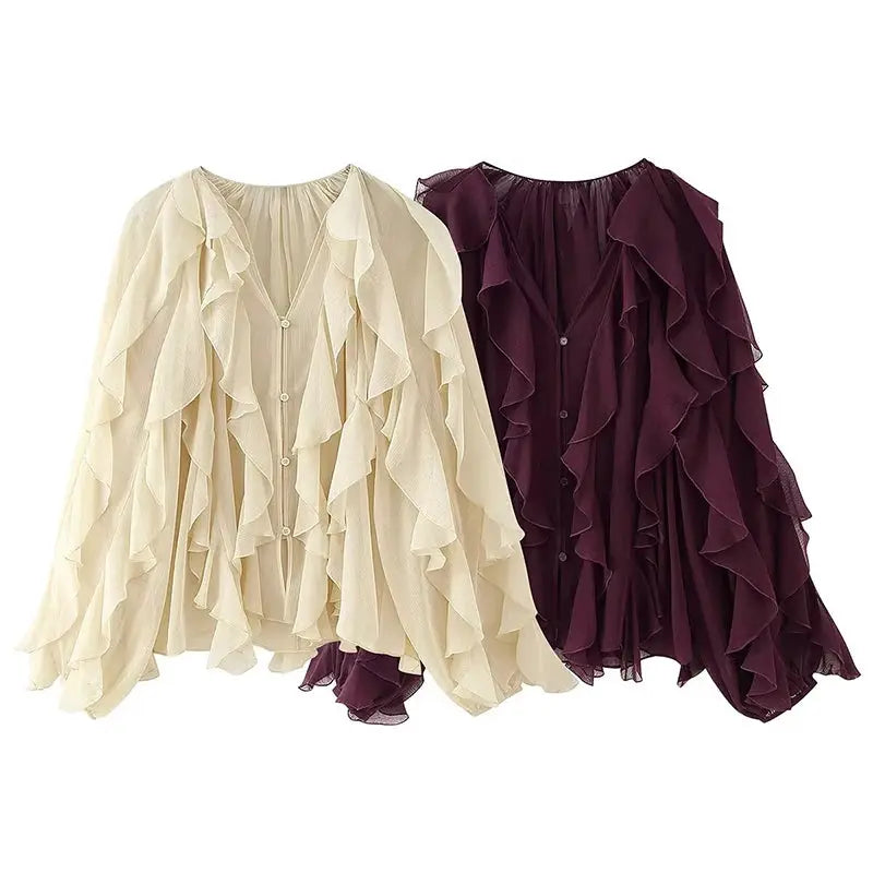 Two YENKYE semi-sheer ruffle blouses, cream and burgundy, long sleeves, V-neck front-button, Simples Market